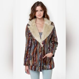 MINKPINK Kooky Multi Yarn Stripe Faux Fur Collar Coat Size XS